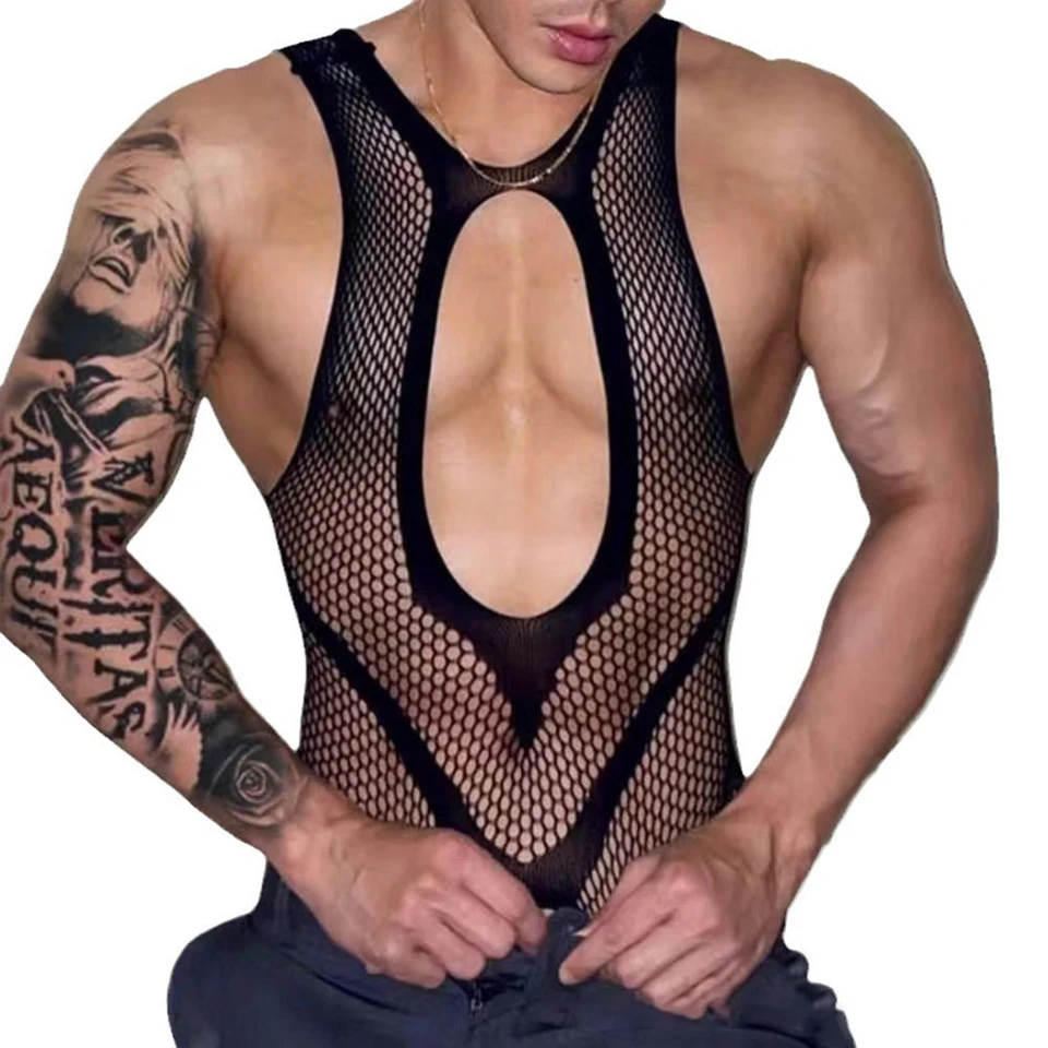 Muži sexy dutina out rybárka plná kombinéza sissy kombinézy Bodystocking Sexy spodná bielizeň Muž Pozrite sa cez spodnú bielizeň gaysuit