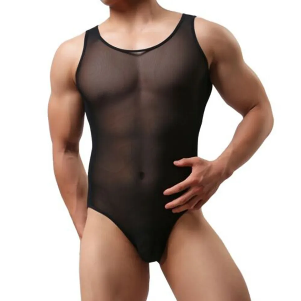 Muži sexy číry bodyit priedušný sieťový trikot Singlets Pozrite sa cez sieťové mužské tielky