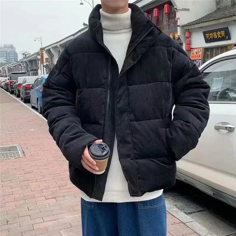 Muži stand-up golier módna značka Pure Color Stand-up golier bavlnené odevy v kórejskom štýle zimný dolu bunda Corduroy Coat