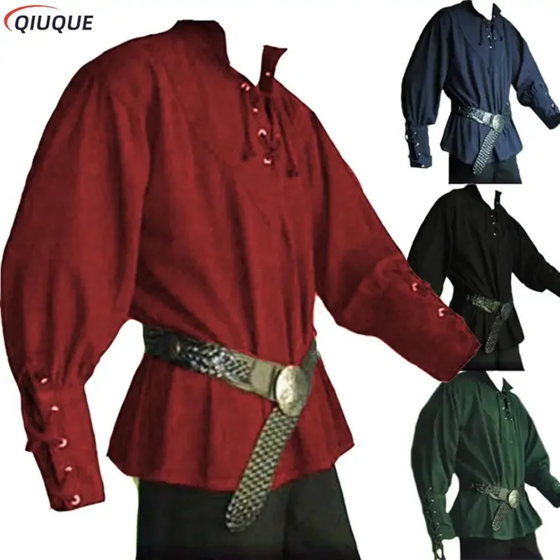 Muži Stredoveké vinobranie pirátske kostým Cosplay šnurované košeľu obväz s najvyššou dobou renesančného oblečenia pre dospelých S-3XL fafjlgjslg