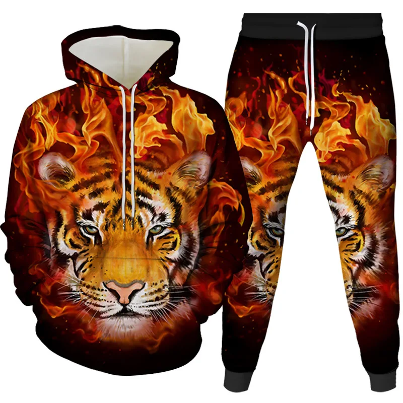 Muži súpravy zvierací tiger vzor 3D tlačené súpravy sledovaných sadzieb Príležitostné kapucňové nohavice 2ks súpravy nadmerne nadmerné mikina módne odevy