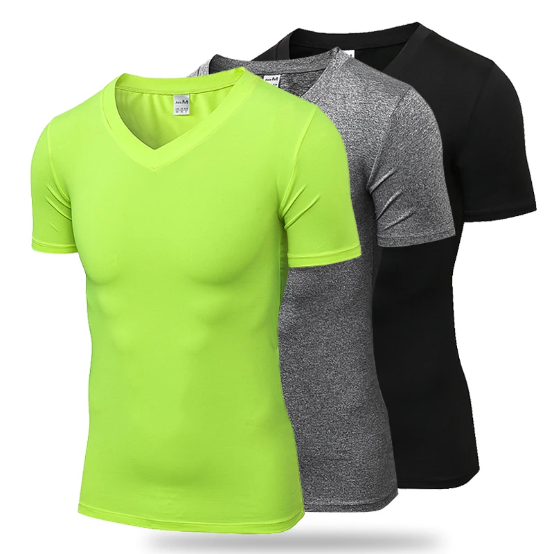 Muži Training a cvičenie Tričká V-Neck Quick Dry Gym Workout TEE TILE TILE Kompresia Jogging Sport Fitness topy topy