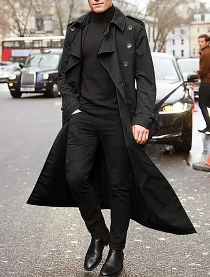 Muži Trenč Coat Otočte golier pevné bundy s plným rukávom Príležitostné dlhé kabáty Jeseň Punk Streetwear Double Breasted Breed Splice