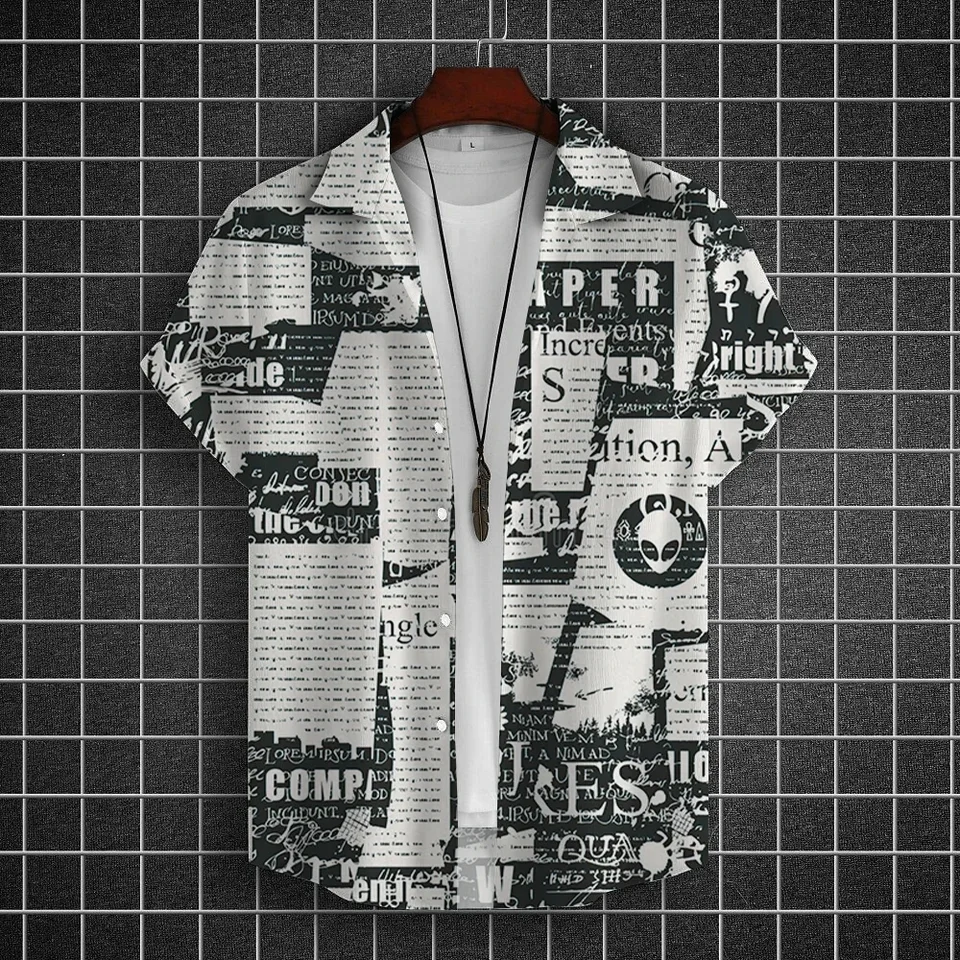 Muži tričká 3D tlač noviny štýl Grafická košeľa Muž Nadmerná ležérna móda Krátke rukávy košele Streetwear oblečenie