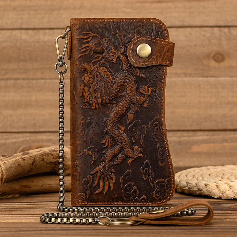 Muži vintage blázon kože kože kože peňaženka peňaženka Originálne kože Bifold dlhá peňaženka Snap karta držiteľ tiger dračie mince vreckové kabelka