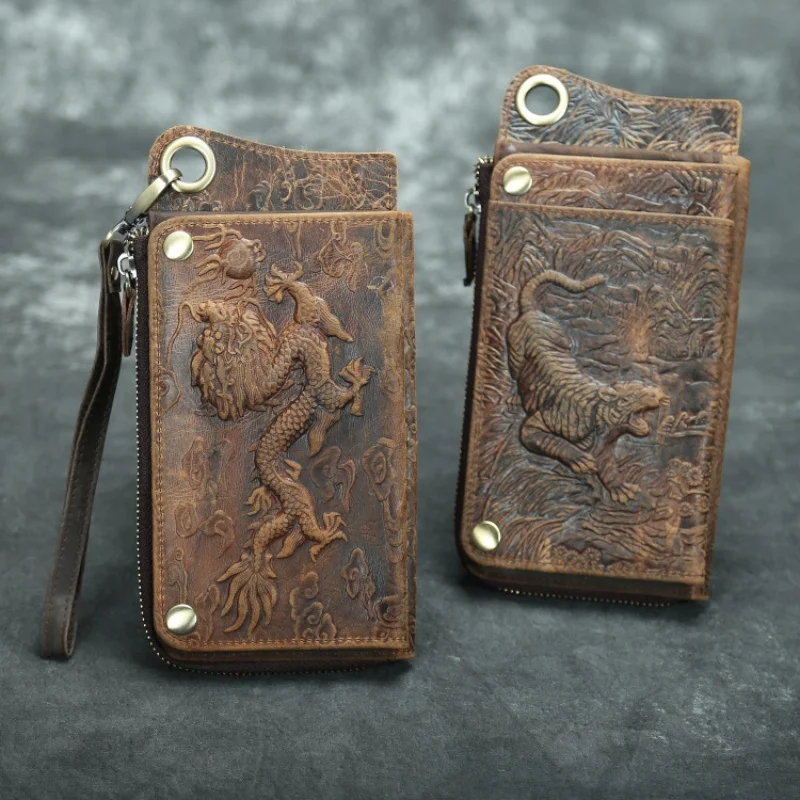 Muži vintage blázon kože kože kože peňaženka peňaženka Originálne kože Bifold dlhá peňaženka Snap karta držiteľ draka Tiger Coin Pocket Cupe