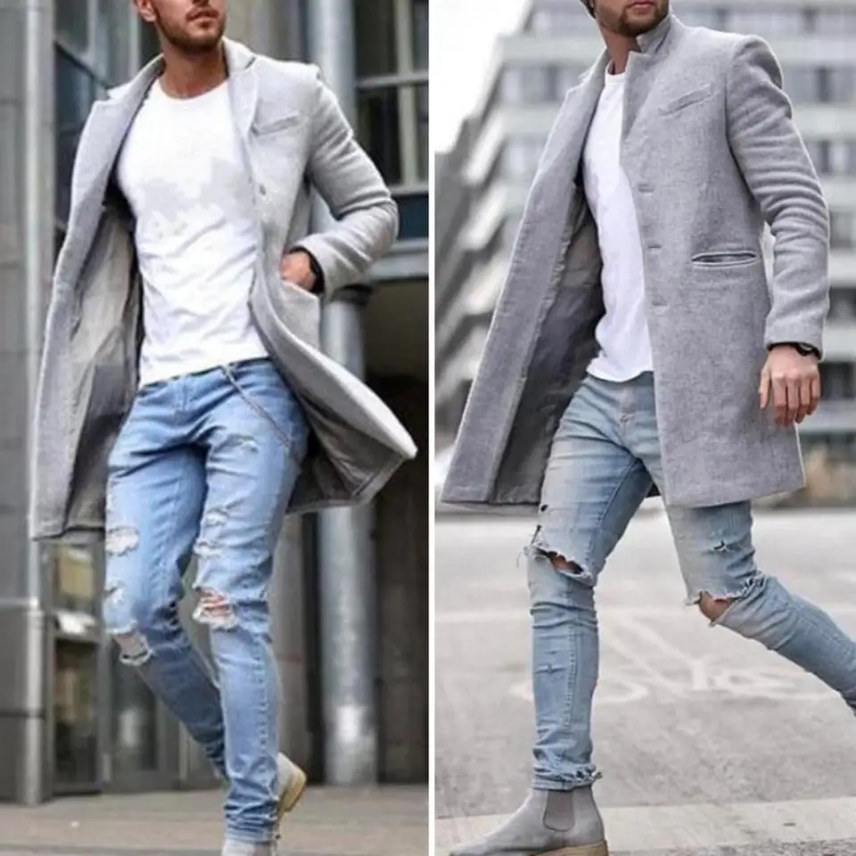 Muži vlnený kabát vlna zmes bunda Elegantné pánske vlnené plášť s klopami bočné vrecká Štýlový kabát stredne dĺžky na zimu