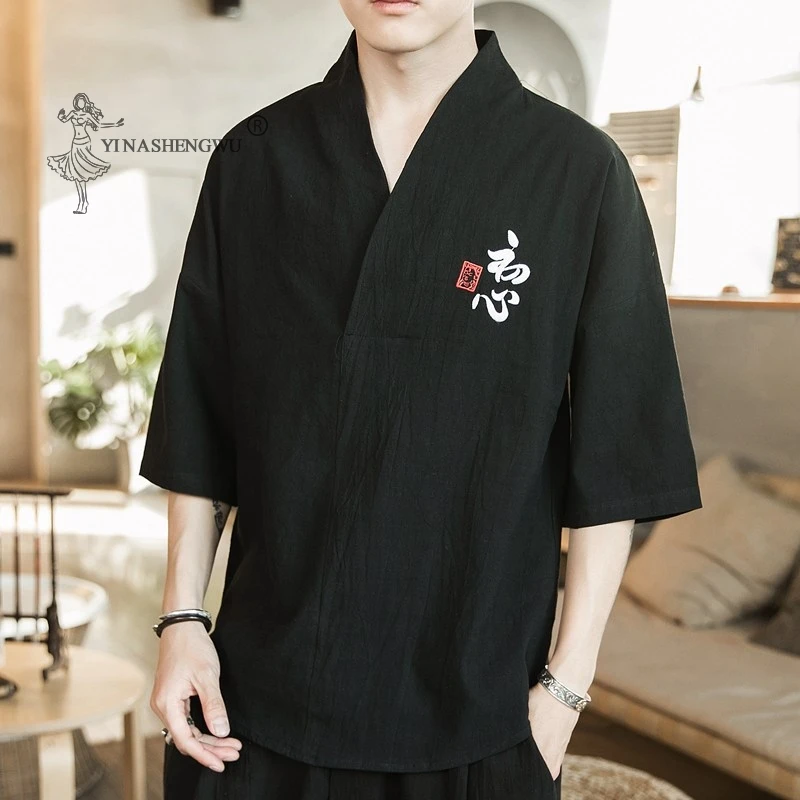 Muži vyšívacie tričko Kimono Japonské krátke rukávy tričko Japan Japonsko nohavice harajuku ázijské pánske oblečenie Yukata Cardigan kostýmy