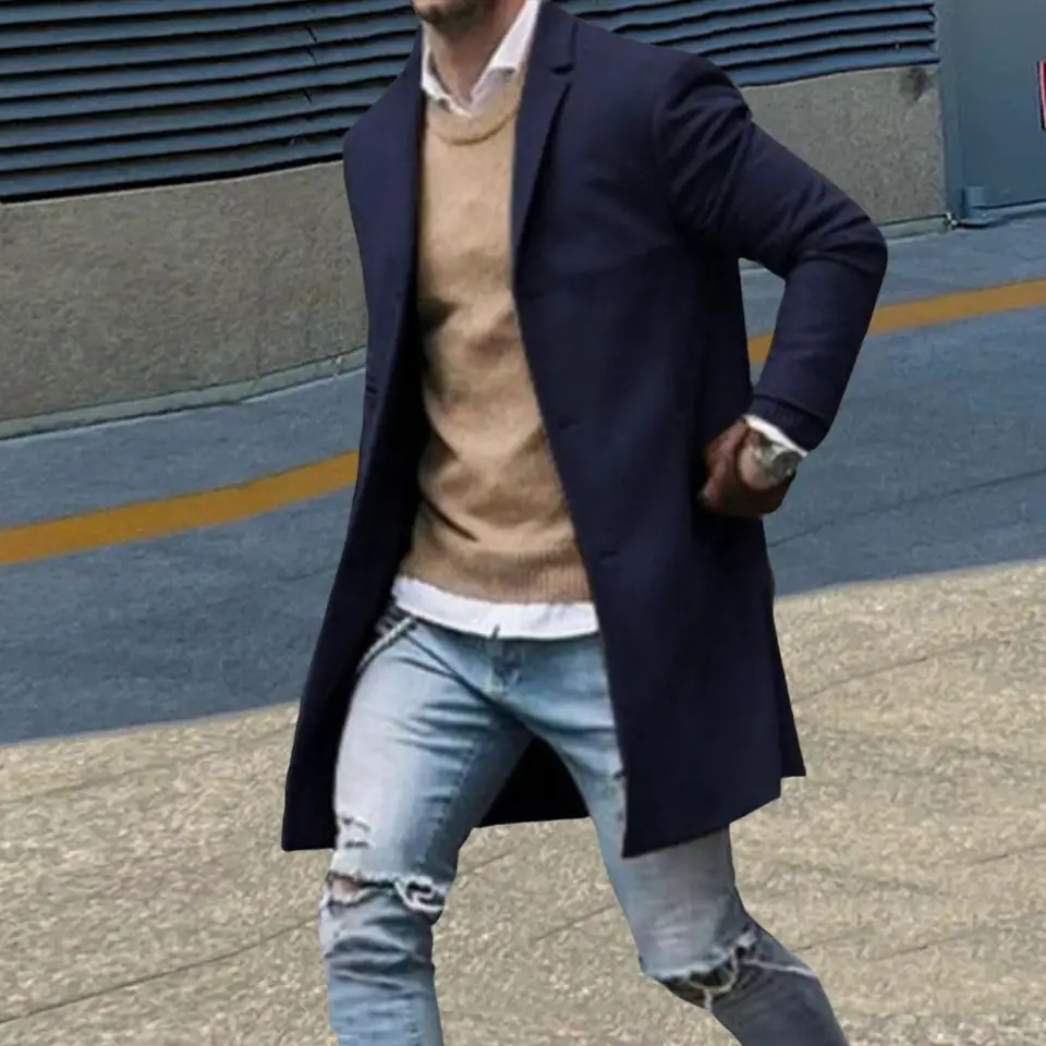 Muži Windbreaker LaSel s dlhým rukávom s jedným dojčeným teplým vrchným odevom s vreckami pevná farba v strednej dĺžke plášť