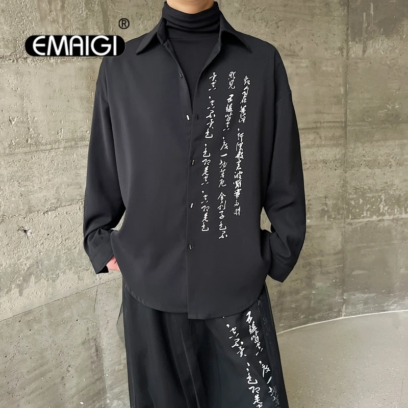 Muži čínske potlačené dlhé rukávy voľné neformálne tmavé čierne módne vintage košele Muž Harajuku Streetwear Dress Tirls Blouses