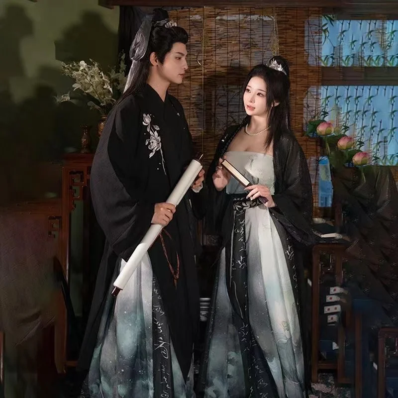 Muži ženy vintage lotos hanfu tradičná čínska pieseň dynastia krížový golier kostým milenci výšivky pár hanfu šaty set