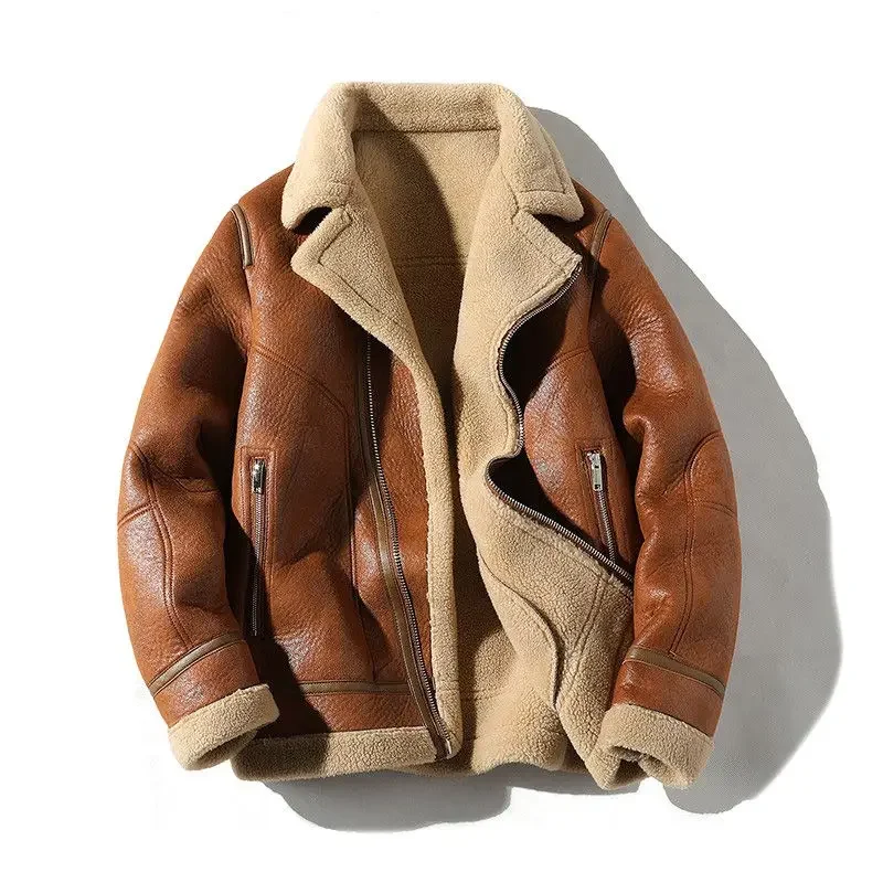 Mužská módna veľká veľkosť lambwool kožená bunda Príležitostná pevná farba teplá zimná zimná zimná nová muži fleece-lemované zatuchnutý semišový kabát