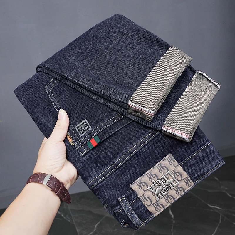 Mužské džínsové priame nohavice na vysokej ulici Príležitostné muži módne elastický pás Vintage nohavičky Spring Ripped Show Stretch Slim Fit Jeans