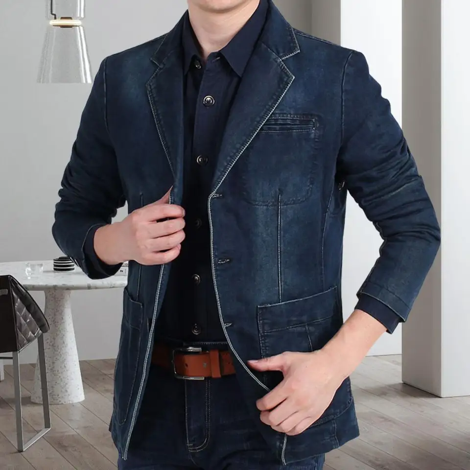 Mužský oblek nadmerne módne jesenné džínsové sako Slid Color Turndown Collar Single Breasted Slim Potkets Suit Coat Streetwear
