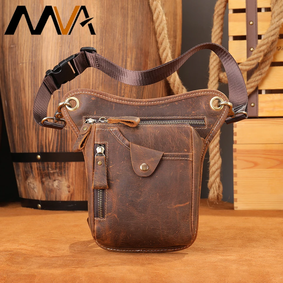 MVA Full Grain Kožená taška na nohu Multifunkčný motocykelový pás taška na pásy mužského pásu balenie Travel Personalize Deň otca darček 9667
