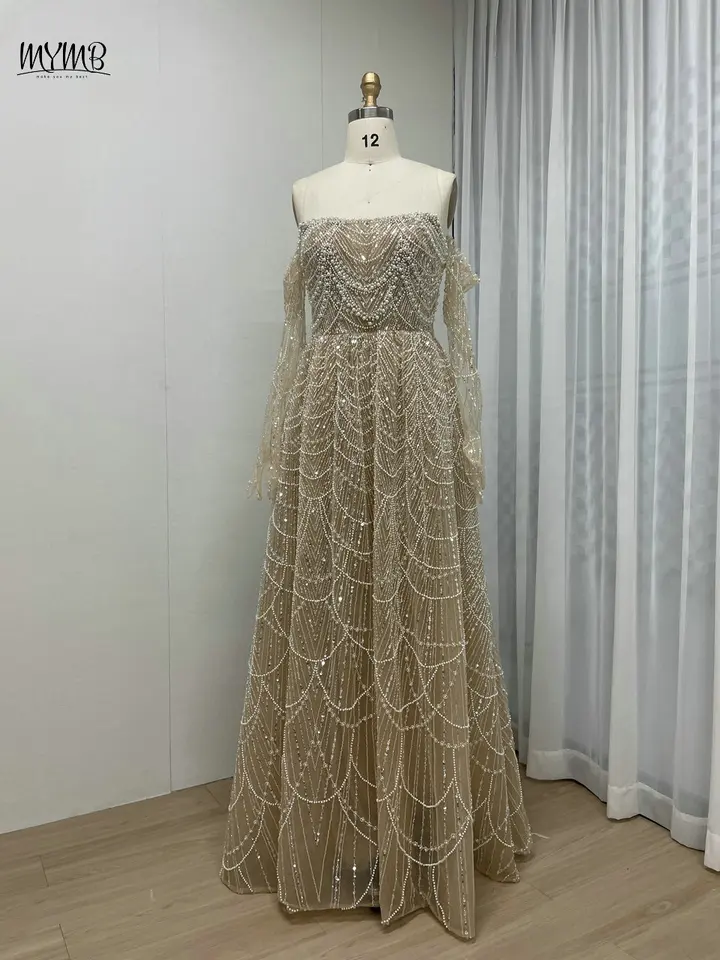 MYMB Champagne Ohromujúce korálkové korálkové dievčatá A-Line Princess Prom Party Gowns Arabské šnurovanie bez šnurovania na večerné šaty s rukavicami s rukavicami