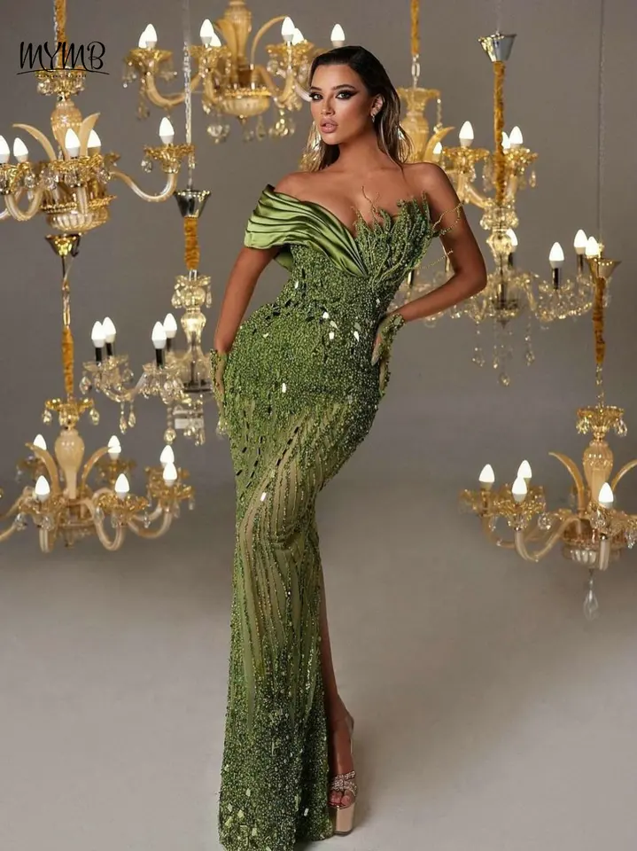 MYMB ohromujúce jedno rameno korálkové perie večerné šaty pre špeciálne podujatie Gorgerous Mermaid High Split Svadobné šaty