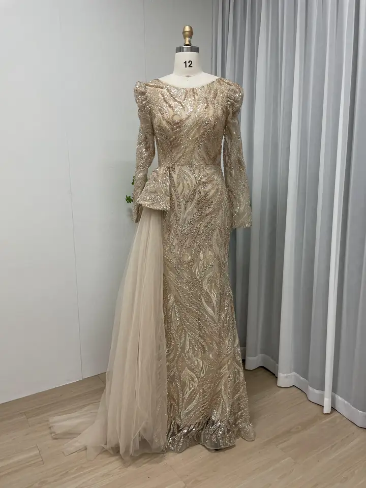 MYMB zlatý arabský krištáľový krištáľový ručne vyrábaný morský panna večera pre ženy Party 2024 Moslimské elegantné elegantné dlhé rukávy Svadobné hosťujúce šaty