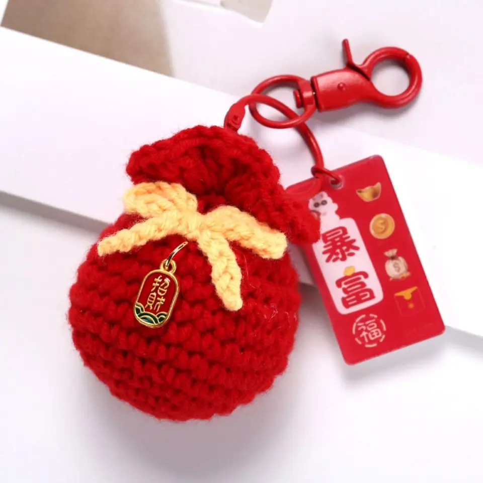 Mäkká karikatúra fu taška keychain car keyring Nový rok Lucky Keychain Creative Bag zavesenie pletená bábika Pendant Ženy