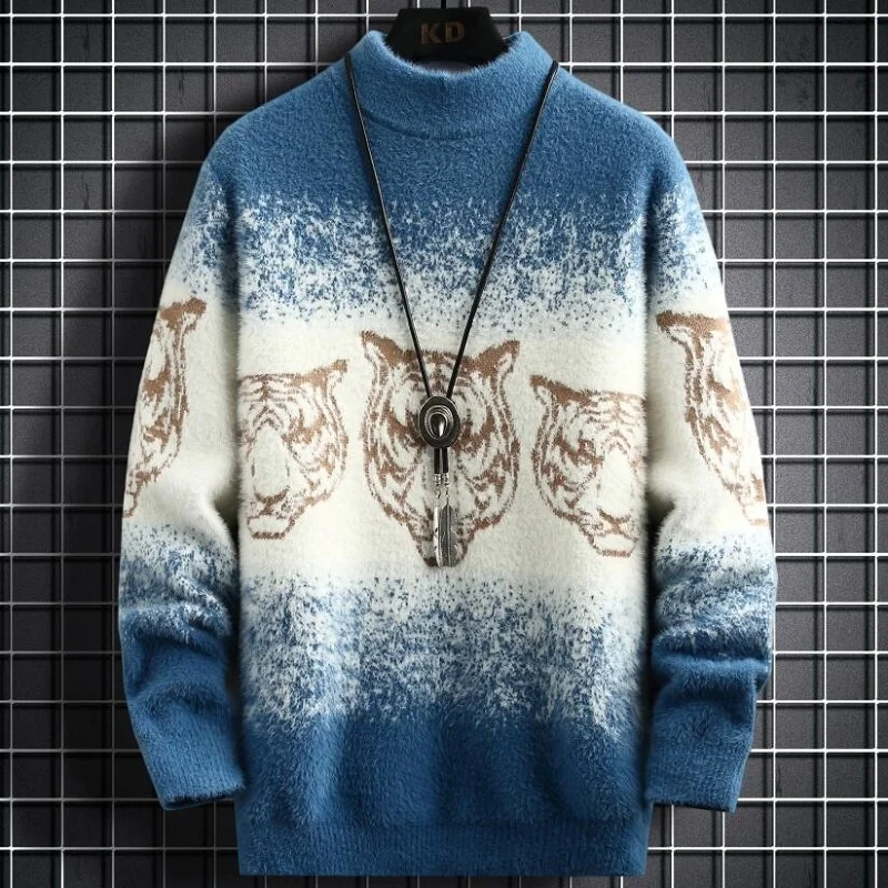 Mäkká nová zimná teplá módna tlač Pánske pullové svetre Turtleneck Mink Velvet Sweater Men Vysoko kvalitný pánsky vianočný skokan