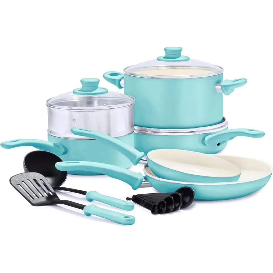 Mäkká priľnavosť zdravá keramická nonstick 12-kusové kvetináče a panvice, bezprstý, bezpečný, tyrkysová umývačka, tyrkysová