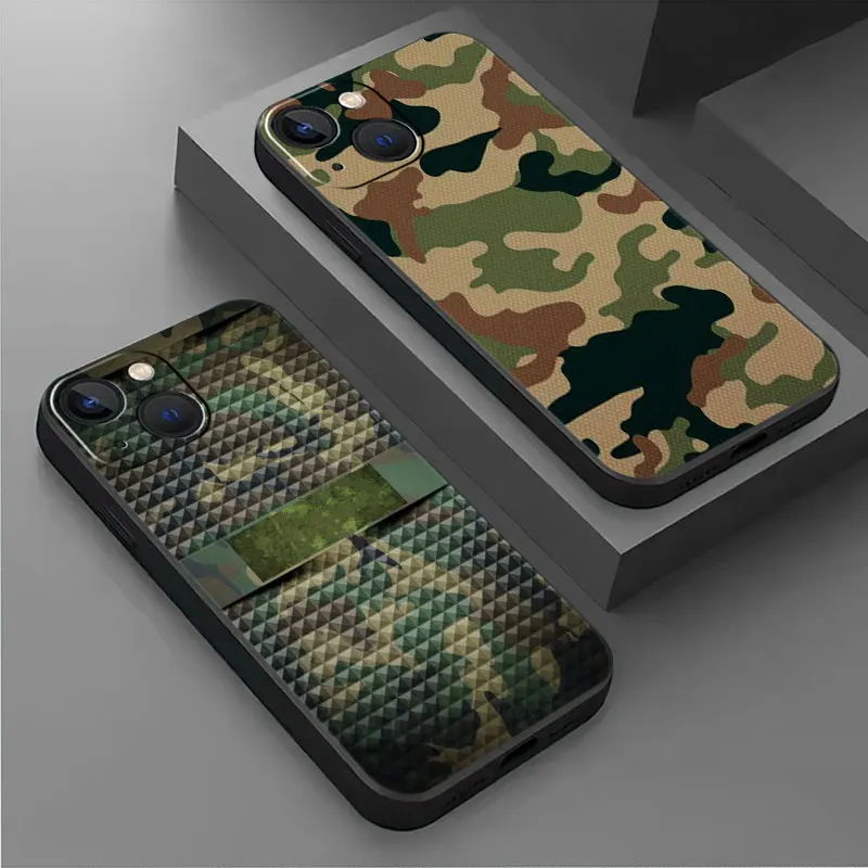 Mäkké puzdro pre iPhone 15 14 SE 13 Pro 8 7Plus 6s xr 11 xs x 12mini 14 Pro Max 12 Strachproof Black Cover Vojenská kamuflážna zelená