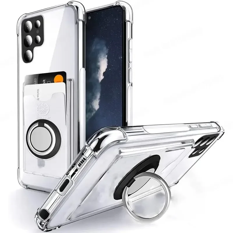 Mäkký priehľadný puzdro pre telefón pre Samsung S22 Ultra magnetický kryt slotu na kartu s držiakom na kartu pre Galaxy S24 S23 S25 Plus poznámka 20 ultra