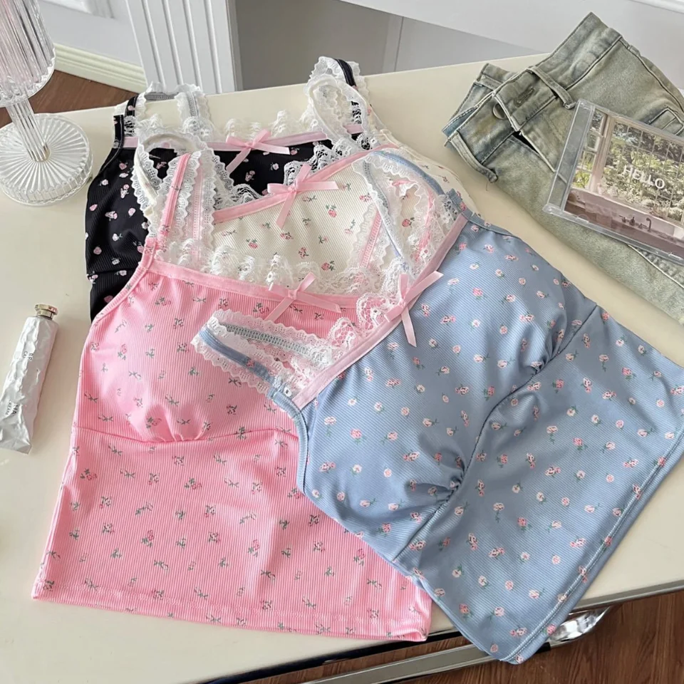 Mäkký ľad hodvábny kvetinový plodina horný rukáv bez rukávov s vankúšikmi čipkovaný bowknot camisole kórejský štýl krátky sladký kvetink