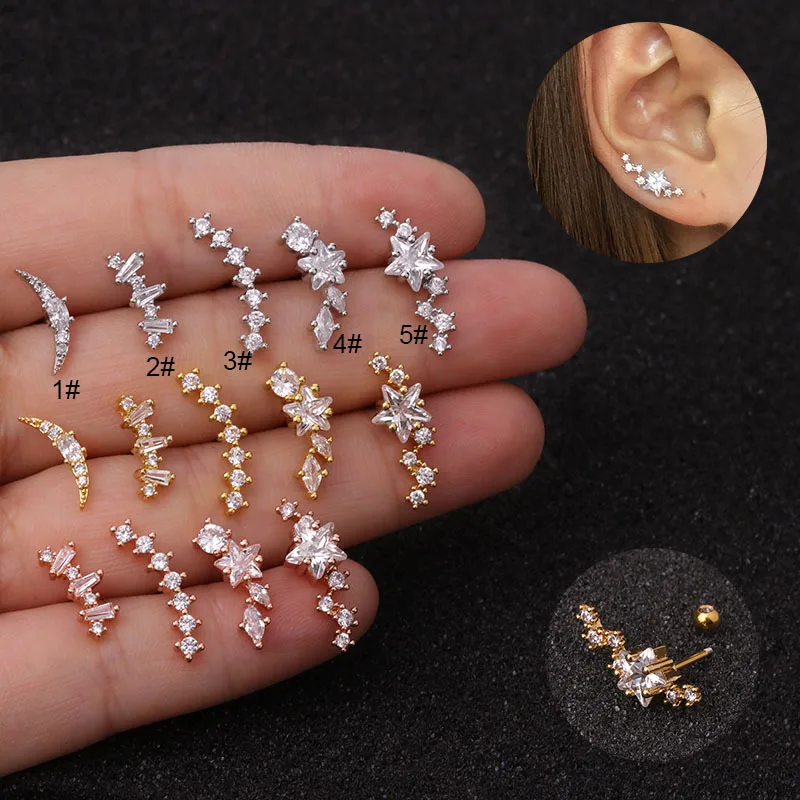 Móda 20g z nehrdzavejúcej ocele chrupavka chrupavka Helix skrutky zadné náušnice cz cz zlatá farebná hviezda náušnice Piercing šperky