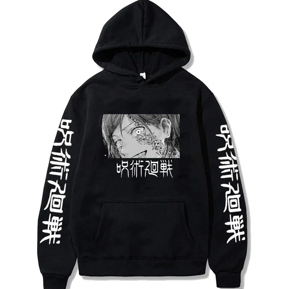 Móda anime jujutsu kaisen kugisaki nobaru kapucňa cool karikatúry čierna a biela tlač harajuku streetwear ležérne mikiny
