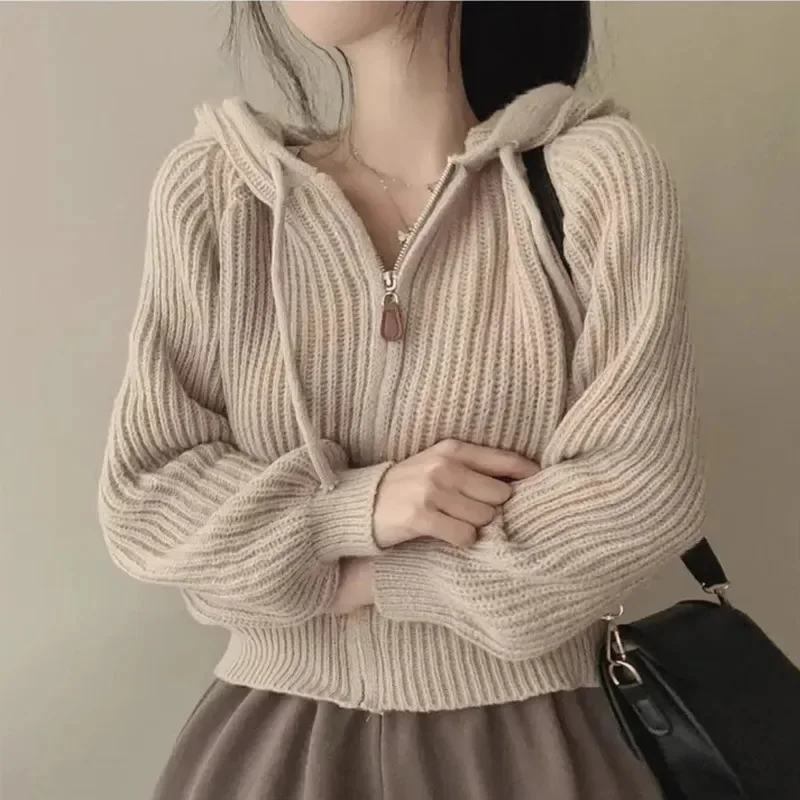 Móda elegantné zips UP Wardigan pletené top ženské ženské s kapucňou Dámske ženy s dlhým rukávom sveter Kórejský štýl Príležitostné oblečenie Žena