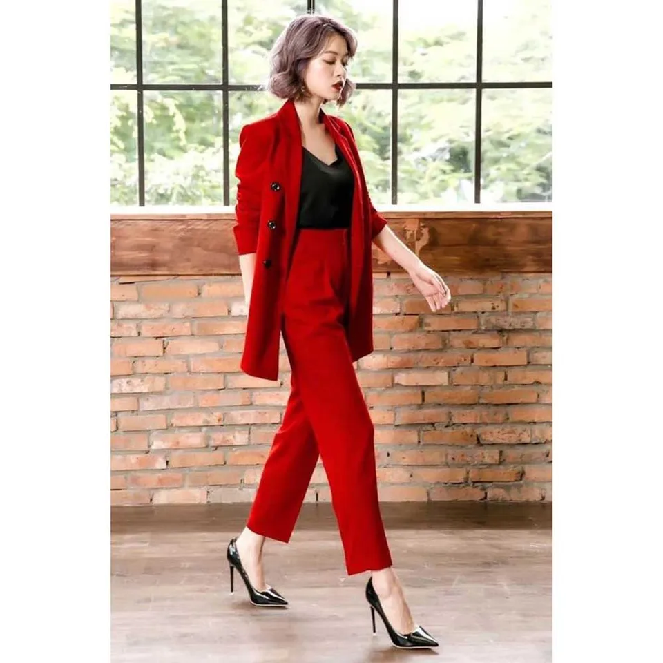 Móda elegantné červené dámske obleky v záreze klope 2 kusy bunda nohavice ženské oblečenie Slim Fit Office Banket Lady's Blazers Sety