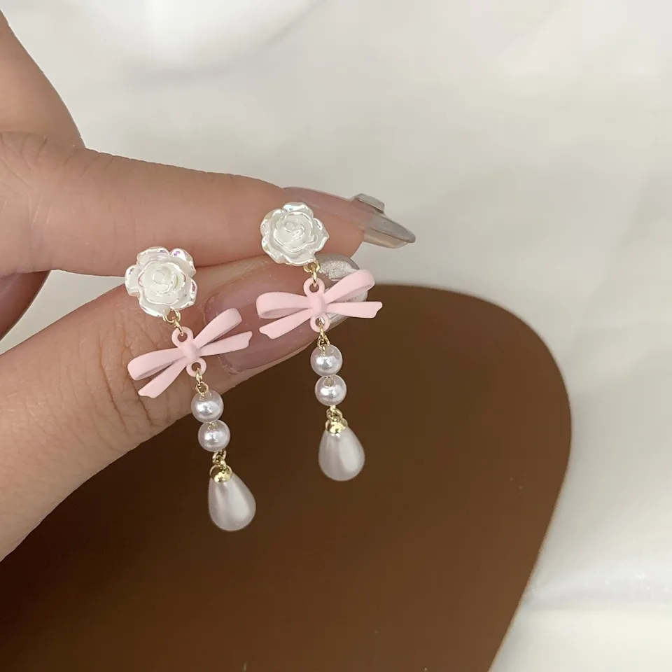 Móda francúzsky krásny elegantný vintage mini luxusný luk srdcom uší kotúč Kórejský štýl perlové náušnice Ženy kvapky náušnice