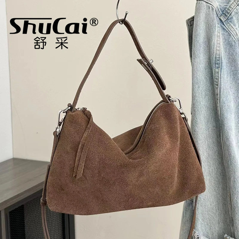 Móda jeseň zima Big Boston Tote Tote Soft Matte Suede Cow Dámska kabelka Crossbody Bag pre ženy šedá hnedá