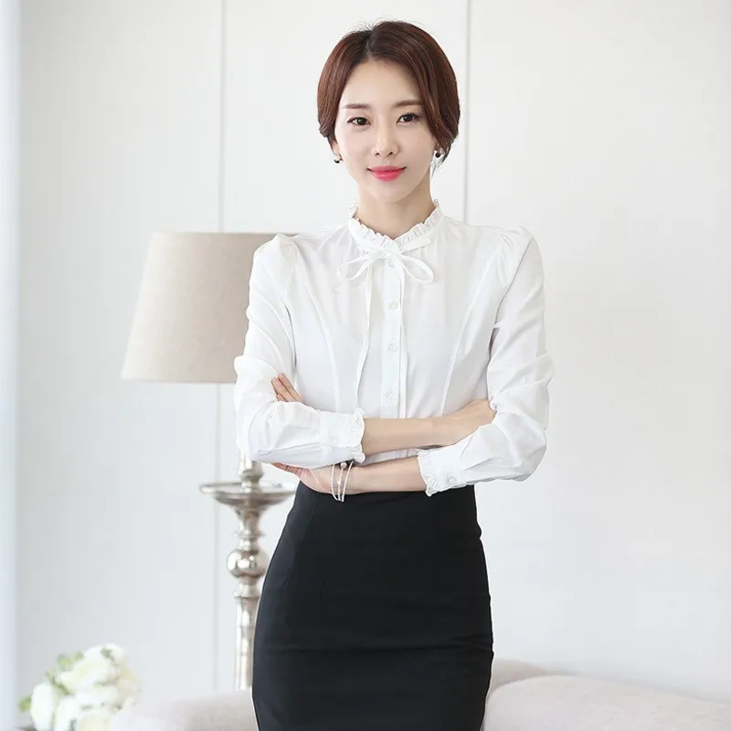 Móda Kórejská biela blúzka Ženy Blusas stojan na krk šifónové košele s dlhým rukávom luky blúzky Vintage elegantné femme topy ns5578