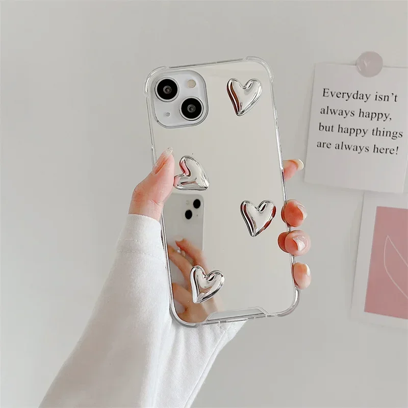 Móda kórejský štýl Roztomilé srdce Soft silikónové čisté puzdro pre iPhone 16 13 Pro Max 14 11 12 15 xr 7 8 plus strieborný zrkadlo