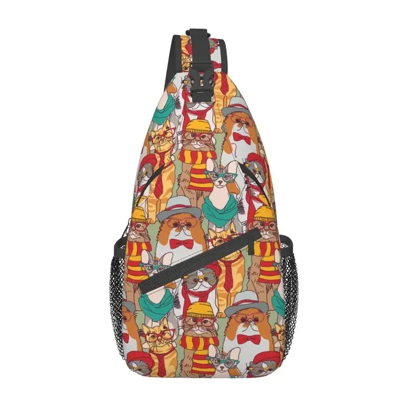 Móda módy Hipster Cats Group Sling Bag pre cestovanie mužov roztomilé kreslené mačiatko Crossbody hrudník batohový batohový batoh