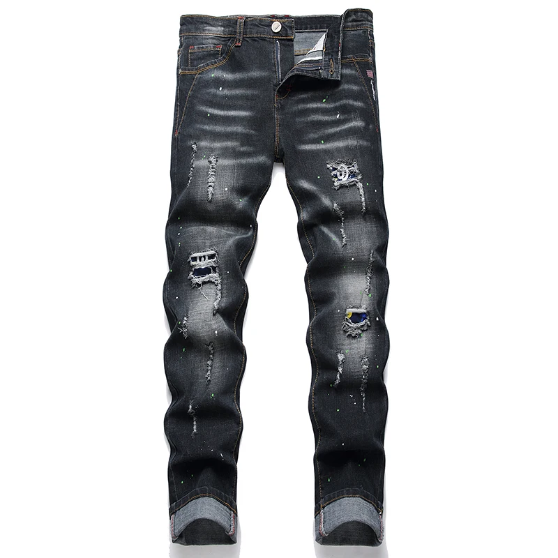 Móda nová tenká stretch roztrhané džínsy pánske streetwear maľovacie škvrny džínsové nohavice hip hop punk osobnosť diera mužské nohavice