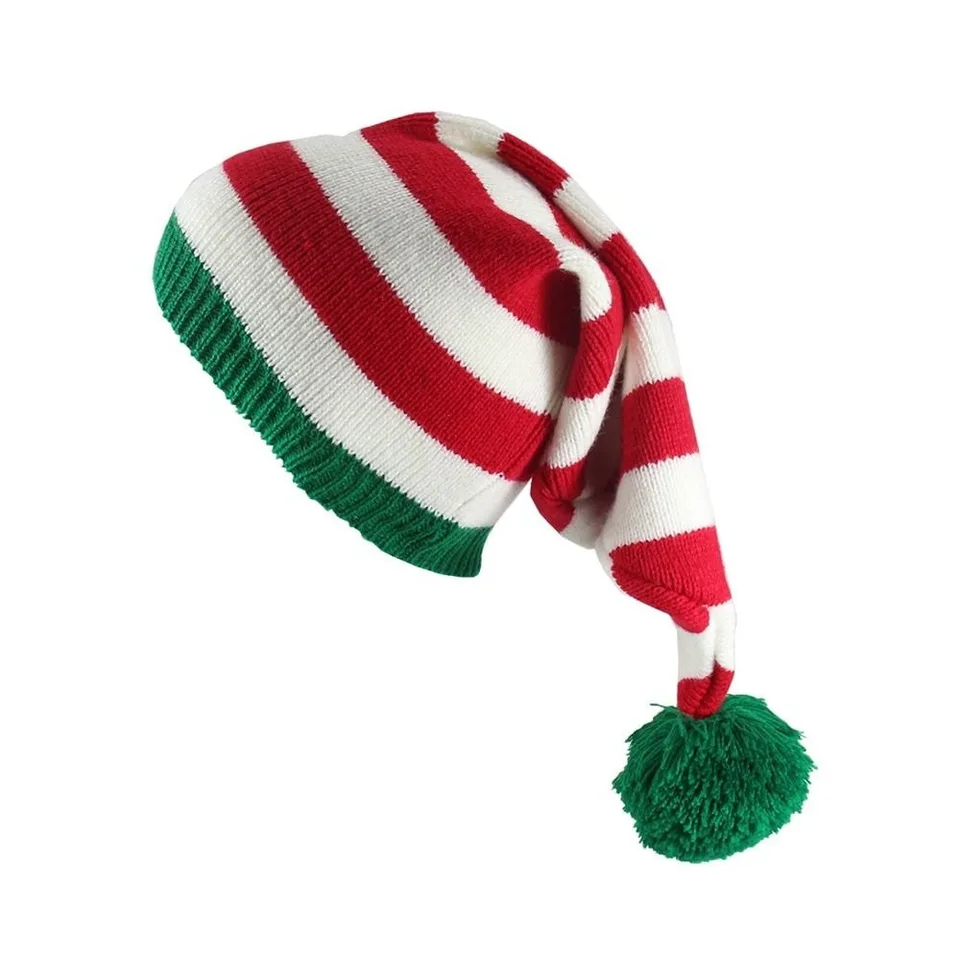Móda Santa Claus vianočný pletený klobúk Zelený červený pruhovaný Santa Beanie Hat