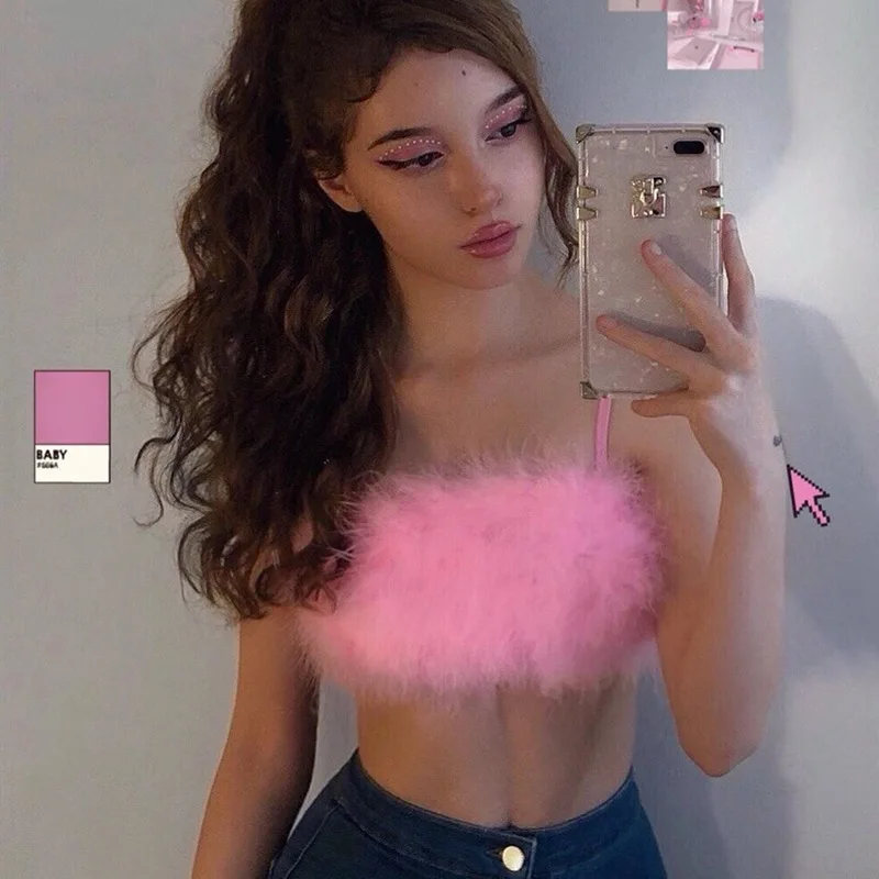 Móda sexy špagety popruhy ružové perie plodina Top 2024 Ženy Camisole bez rukávov Tops Party Club Streetwear Camis