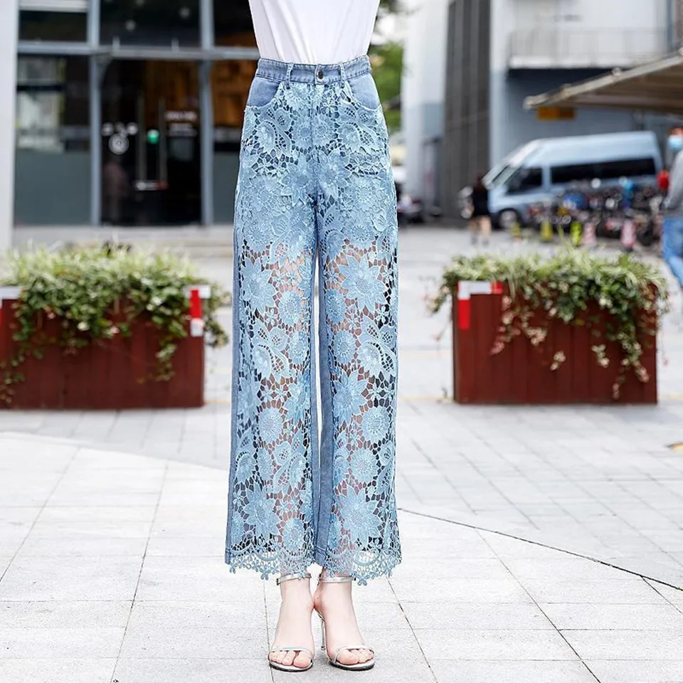 Móda y2k pantalones mujer čipka Patchwork Dutlow Out Fashion Elegantné džínsy pre ženy všetky zápasia príležitostné voľné letné nohavice