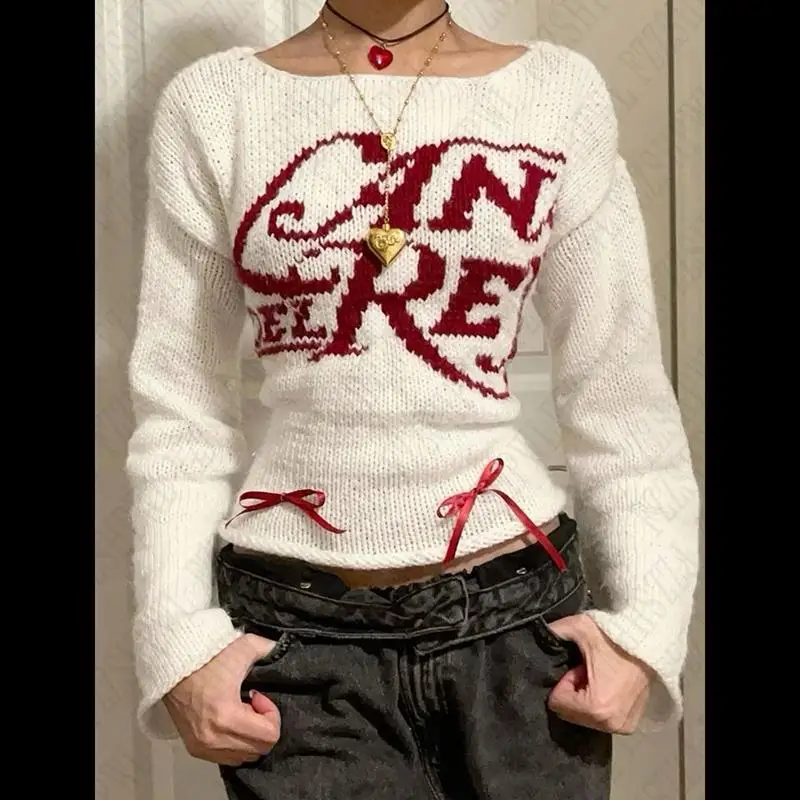 Móda Y2K Pletená sveter bowknot estetika Grafická tlačiareň Punk s dlhým rukávom Top retro hiphop casual goth Knitt Pullover