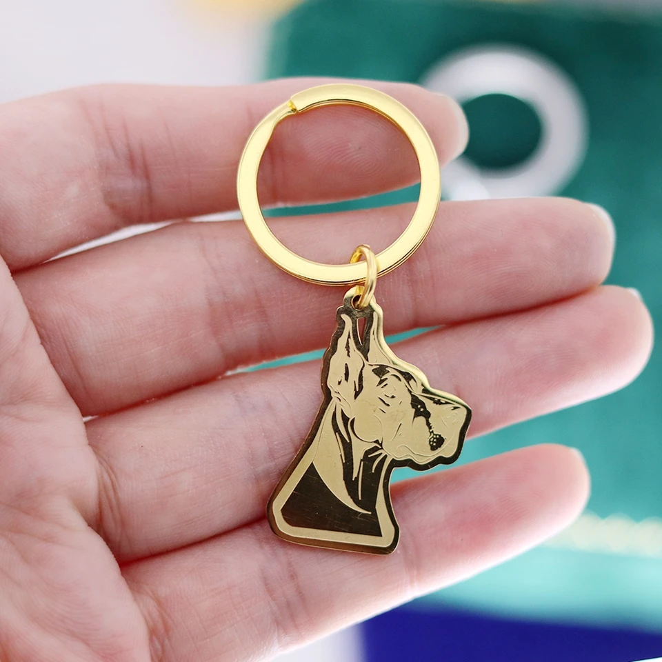 Móda zlatá skvelá dane Dog Keychain for Kids Darčeky šperky Pet Pet Lucky Charms z nehrdzavejúcej ocele