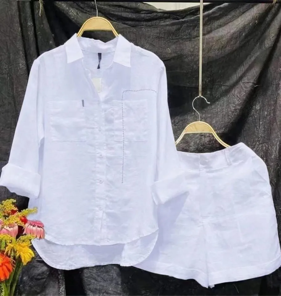 Módna biela 2 -kusová súprava pre ženy s dlhým rukávom a šortky s dvoma kusmi Ženy 2024 Summer Loose Casual Home Sety Female