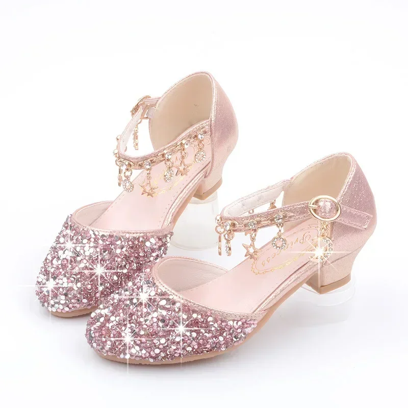 Módna detská kožená topánka 2023 Letný flitra princezná topánka Crystal High Päty sandále detské topánky Dievčatá šaty Mary Jane Girl Shoes