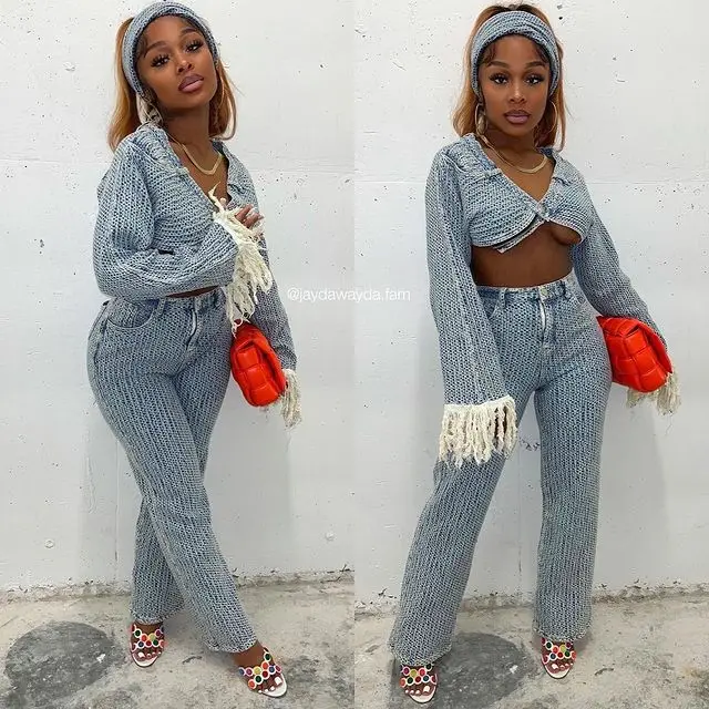 Módna džínsová dámska súprava Tassel s dlhým rukávom Crop Jean Jackets and Pants so šatkou 2023 Autumn Two 2 -Piece Set Outfit Tracksuit