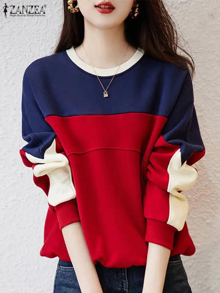 Módna farebná patchwork pullover zanzea ženský sveter Jeseň Mikiny s dlhým rukávom