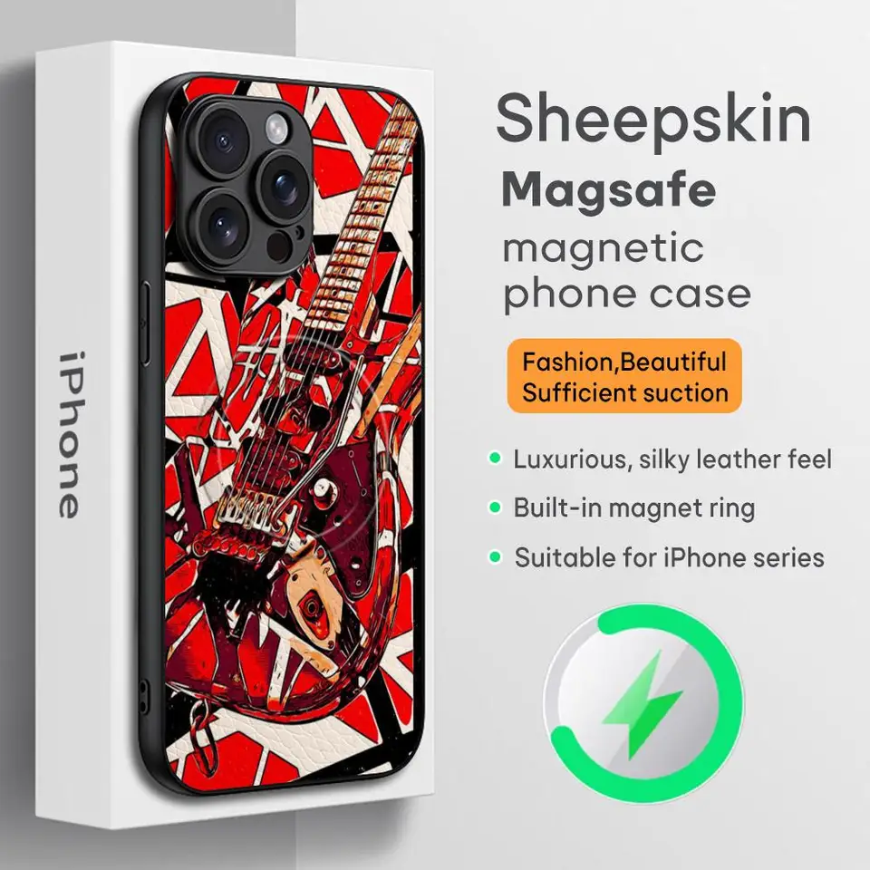 Módna gitara Eddie van Halen telefónny puzdro pre iPhone 16 15 14 13 12 11 11 Plus Pro Max High-end Luxury Magsafe Sheepkin
