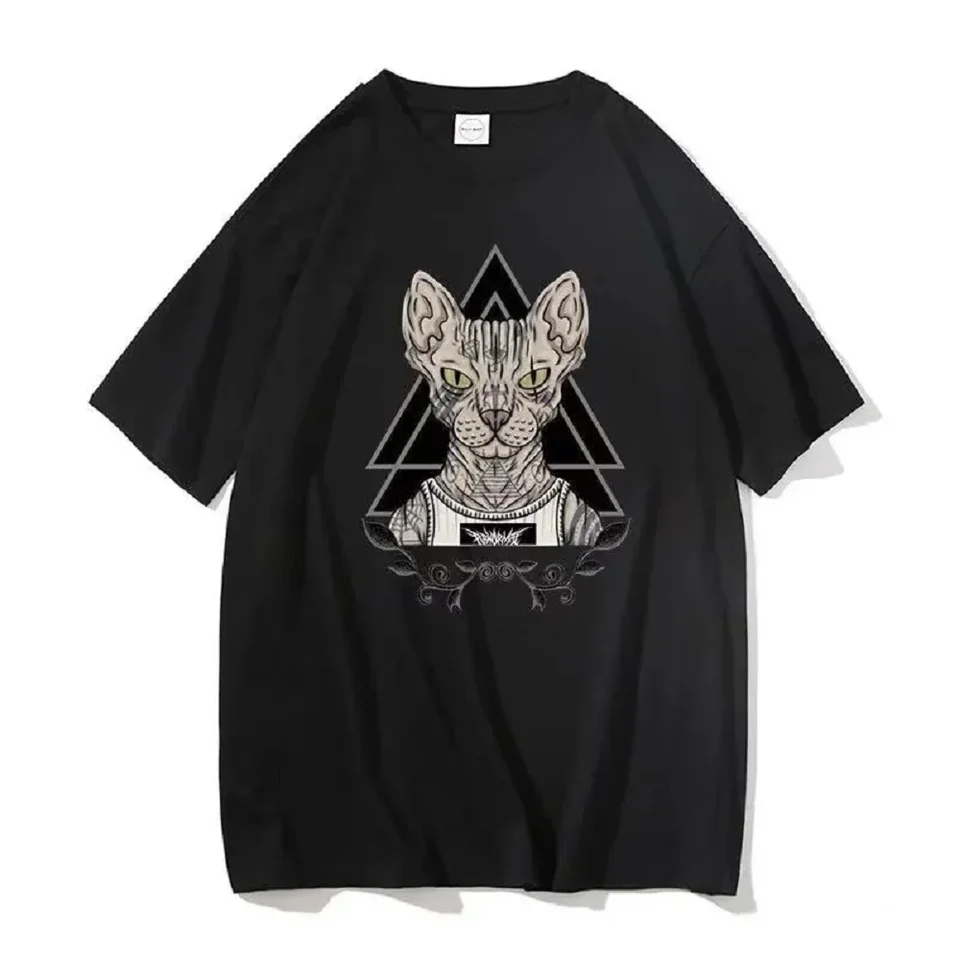 Módna gotická tričko Death Metal Sphynx Cat Witchy Tops Tops Steampunk Hipster Unisex Trend Trend Trend Short-Sleev Tee