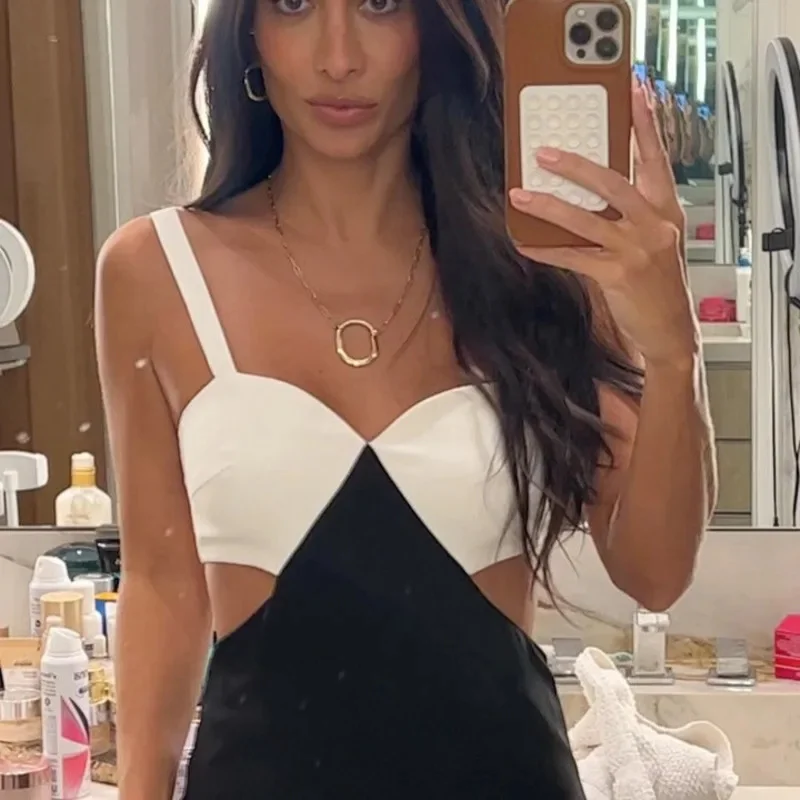 Módna gáza kontrastná farebná remienok maxi šaty sexy ženy elegantné bez rukávov bez rukávov Vysoký pás Vestidos Chic Lady Party Robe